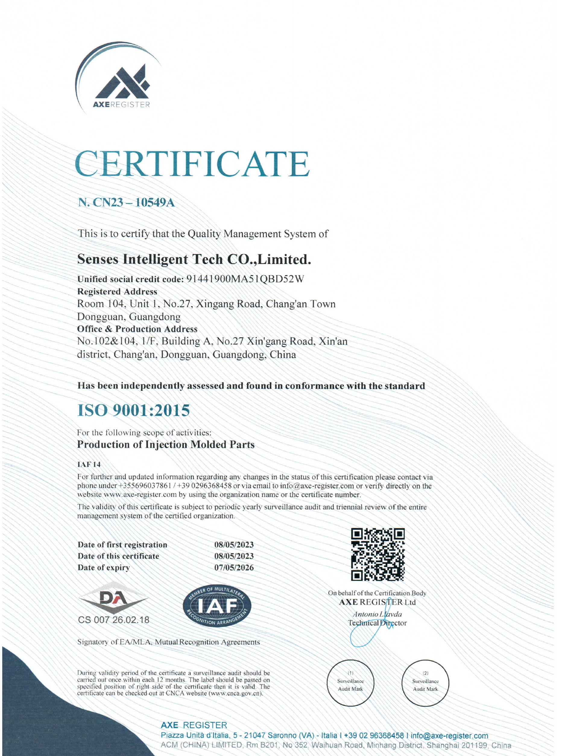 Senses ISO9001:2015 Certificate